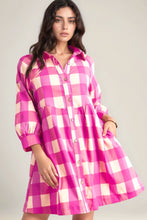 Load image into Gallery viewer, Ruched Plaid Three-Quarter Sleeve Shirt Dress