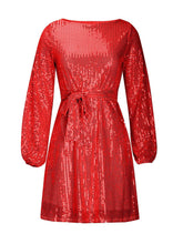 Load image into Gallery viewer, Sequin Tie Waist Long Sleeve Mini Dress