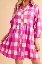 Load image into Gallery viewer, Ruched Plaid Three-Quarter Sleeve Shirt Dress