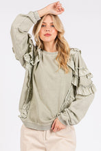 Load image into Gallery viewer, Mittoshop Ruffled Mineral Washed Round Neck Long Sleeve Sweatshirt
