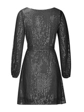 Load image into Gallery viewer, Sequin Tie Waist Long Sleeve Mini Dress