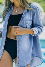 Load image into Gallery viewer, Pocketed Collared Neck Long Sleeve Denim Top