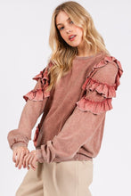 Load image into Gallery viewer, Mittoshop Ruffled Mineral Washed Round Neck Long Sleeve Sweatshirt