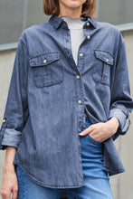 Load image into Gallery viewer, Pocketed Collared Neck Long Sleeve Denim Top