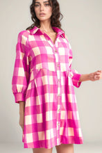 Load image into Gallery viewer, Ruched Plaid Three-Quarter Sleeve Shirt Dress