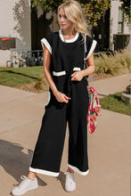 Load image into Gallery viewer, OH Texture Contrast Trim Round Neck Cap Sleeve Top and Pants Set