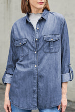 Load image into Gallery viewer, Pocketed Collared Neck Long Sleeve Denim Top