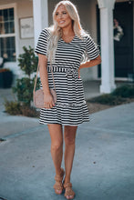 Load image into Gallery viewer, Striped Tie-Waist Frill Trim V-Neck Dress