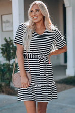 Load image into Gallery viewer, Striped Tie-Waist Frill Trim V-Neck Dress