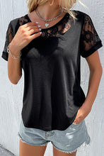 Load image into Gallery viewer, Spliced Lace Round Neck Short Sleeve Top