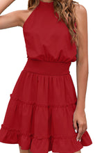 Load image into Gallery viewer, Frill Trim Smocked Waist Grecian Neck Sleeveless Dress