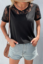 Load image into Gallery viewer, Spliced Lace Round Neck Short Sleeve Top