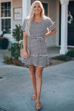 Load image into Gallery viewer, Striped Tie-Waist Frill Trim V-Neck Dress