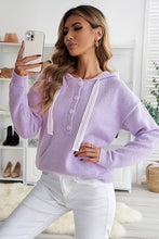Load image into Gallery viewer, Lace Trim Half-Button Drawstring Knit Hoodie