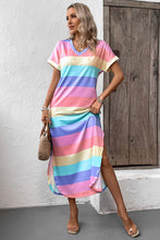 Load image into Gallery viewer, Color Block V-Neck Short Sleeve Slit Dress with Pockets
