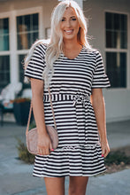 Load image into Gallery viewer, Striped Tie-Waist Frill Trim V-Neck Dress