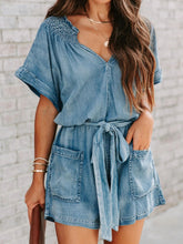 Load image into Gallery viewer, Notched Tie Waist Denim Romper
