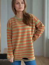 Load image into Gallery viewer, Distressed Striped Round Neck Long Sleeve Sweater
