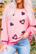 Load image into Gallery viewer, Valentine’s Day Sequin Heart Striped Round Neck Long Sleeve Sweatshirt
