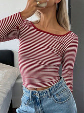 Load image into Gallery viewer, Devine Backless Striped Boat Neck Long Sleeve T-Shirt
