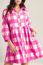 Load image into Gallery viewer, Ruched Plaid Three-Quarter Sleeve Shirt Dress
