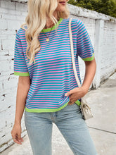 Load image into Gallery viewer, Lovelet Striped Contrast Round Neck Half Sleeve Knit Top
