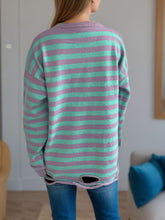 Load image into Gallery viewer, Distressed Striped Round Neck Long Sleeve Sweater
