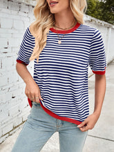 Load image into Gallery viewer, Lovelet Striped Contrast Round Neck Half Sleeve Knit Top
