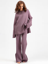 Load image into Gallery viewer, Basic Bae Slit Round Neck Long Sleeve Top and Drawstring Pants Sweater Set
