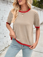 Load image into Gallery viewer, Lovelet Striped Contrast Round Neck Half Sleeve Knit Top
