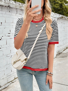 Lovelet Striped Contrast Round Neck Half Sleeve Knit Top