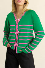 Load image into Gallery viewer, Bow Striped V-Neck Long Sleeve Cardigan
