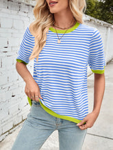 Load image into Gallery viewer, Lovelet Striped Contrast Round Neck Half Sleeve Knit Top
