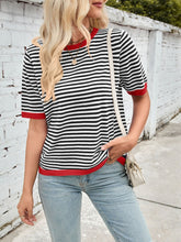 Load image into Gallery viewer, Lovelet Striped Contrast Round Neck Half Sleeve Knit Top
