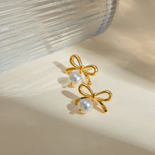 Load image into Gallery viewer, Stainless Steel Bow Pearl Earrings
