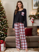 Load image into Gallery viewer, Round Neck Long Sleeve Top and Plaid Pants Lounge Set
