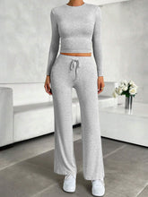 Load image into Gallery viewer, Round Neck Long Sleeve Top and Drawstring Pants Set
