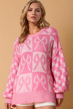 Load image into Gallery viewer, Double Take Full Size Checkered Bow Contrast Long Sleeve Sweater
