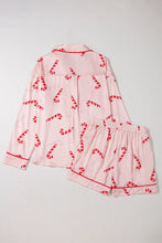 Load image into Gallery viewer, Candy Cane Collared Neck Long Sleeve Top and Shorts Lounge Set
