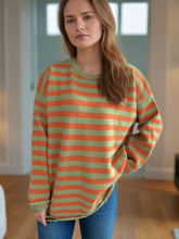 Load image into Gallery viewer, Distressed Striped Round Neck Long Sleeve Sweater
