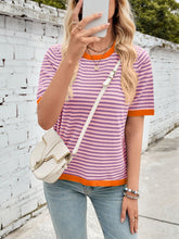 Load image into Gallery viewer, Lovelet Striped Contrast Round Neck Half Sleeve Knit Top
