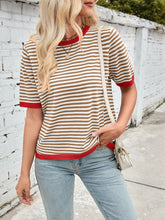 Load image into Gallery viewer, Lovelet Striped Contrast Round Neck Half Sleeve Knit Top
