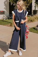 Load image into Gallery viewer, OH Texture Contrast Trim Round Neck Cap Sleeve Top and Pants Set
