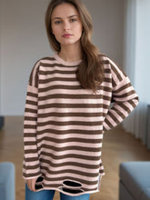 Load image into Gallery viewer, Distressed Striped Round Neck Long Sleeve Sweater
