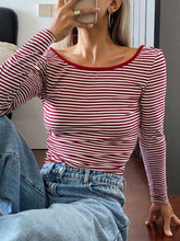 Load image into Gallery viewer, Devine Backless Striped Boat Neck Long Sleeve T-Shirt
