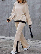 Load image into Gallery viewer, Contrast Round Neck Long Sleeve Top and Bootcut Pants Set
