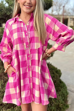 Load image into Gallery viewer, Ruched Plaid Three-Quarter Sleeve Shirt Dress
