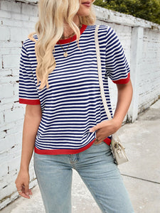 Lovelet Striped Contrast Round Neck Half Sleeve Knit Top