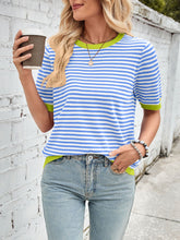 Load image into Gallery viewer, Lovelet Striped Contrast Round Neck Half Sleeve Knit Top
