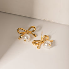 Load image into Gallery viewer, Stainless Steel Bow Pearl Earrings
